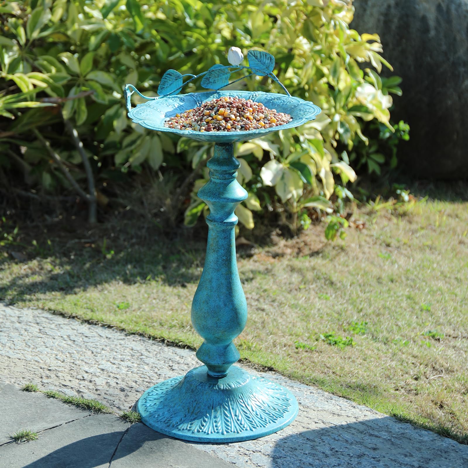 Photo 1 of 22" H Bird Baths for Oudoors, Antique Pedestal Bird Bath with Bird Statues Metal Birdbaths Bird Feeder Bowl Tray Garden Yard Decoration, Blue