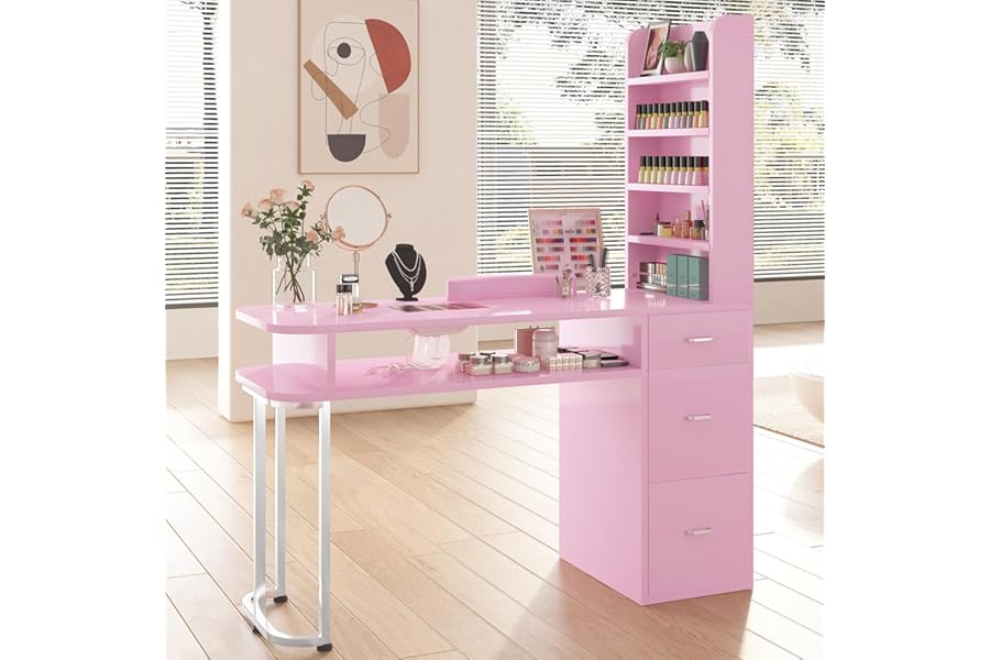 TABU Manicure Table,Large Professional Nail Station for Nail Tech with Side Cabinet and Large Drawers, Nail Workstation with Dust Collector and Wrist Cushion, Pink