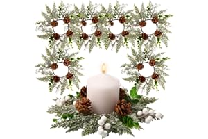 Vercraft 6 Pcs 8" Christmas Candle Rings Wreath Snowy Pine Garland Artificial White Berries and Pine Cones Wreaths Candle Ring Holder for Christmas Wedding Festive Home Table Decoration