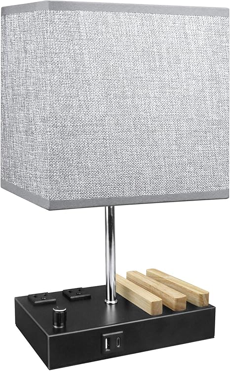 Usb Table Lamp With 2 Usb Ports Mfxmf Fully Dimming Bedside Nightstand Lamp With 2 Wooden Phone Stand 2 Ac Outlet Grey Fabric Shade Modern Desk Lamp For Bedroom Room With 2