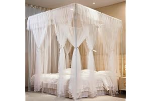 AIOOO 4 Corners Post Princess Curtains Bed Canopy for Girls 8 Panels Curtain - Double Layer Sheer Mesh Canopies Drapes Girls Room Decor (8P-White/White, 4P(33"x82") W+4P(43"x82") L/(Queen))