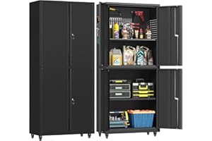 Coolsun Metal Garage Storage Cabinet with Wheels, 71" H Tool Cabinet with Adjustable Shelves and Doors, Metal Garage Cabinet for Hanging Tools, Metal Tool Storage Cabinet for Garage (71" H-Black)