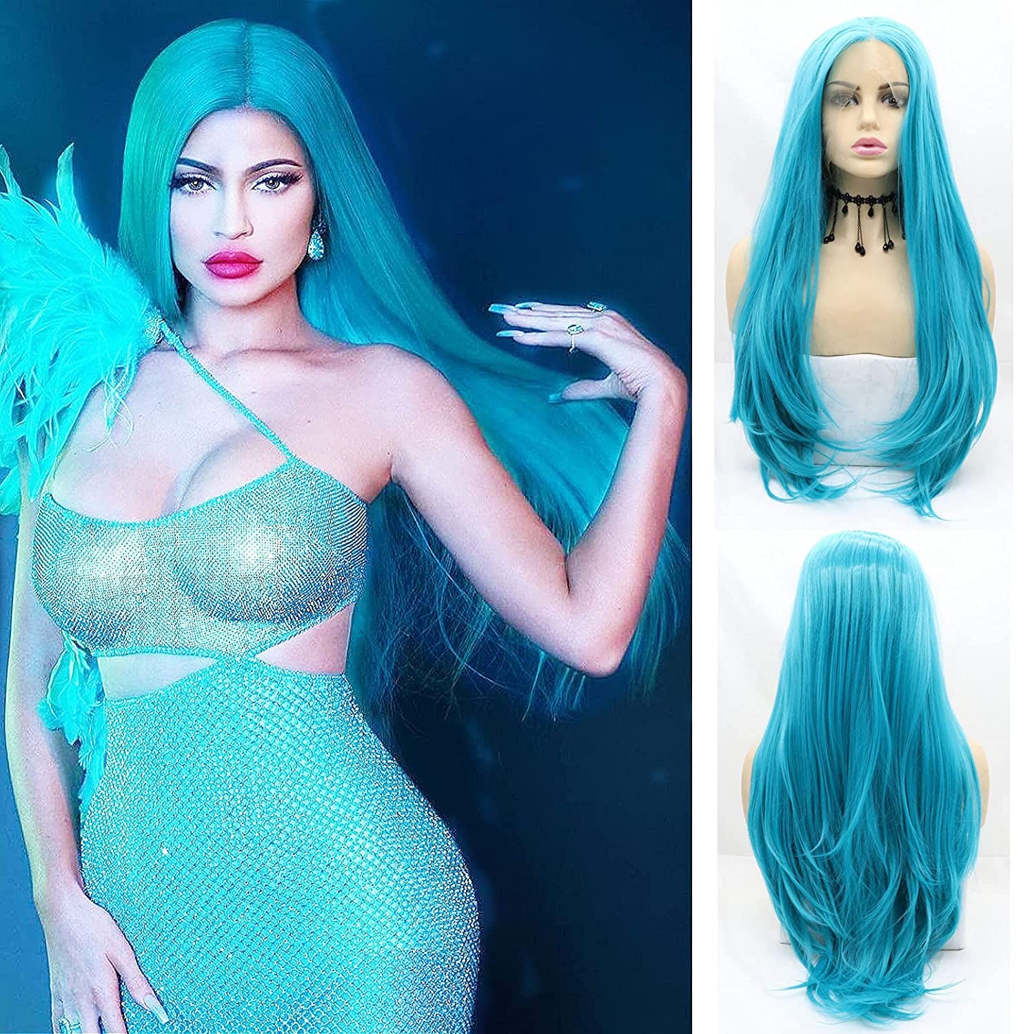 Blue Lace Front Wig Long Light Blue Full Lace Wig Natural Hairline Realistic Pastel Blue Wigs for Women Glueless Heat Resistant Fiber Hair Drag Queen