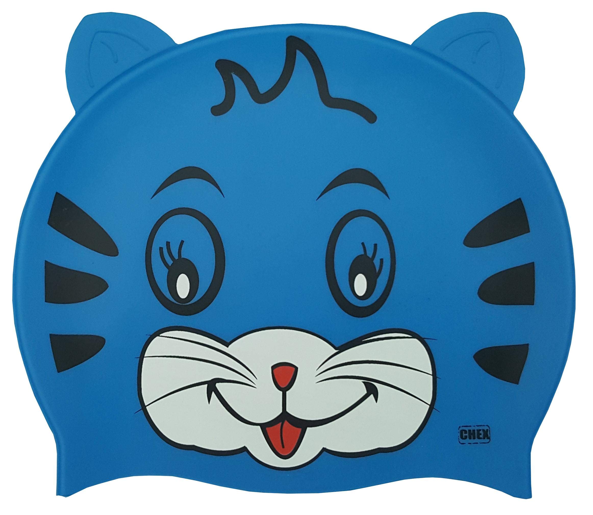 CHEX Stretchy Silicone Unisex Girls Boys 3-7 Years One Piece Swimming Hat Swim Cap Kitten Cat Print Design & Ears One Size Pull On Swim Hat (Blue)