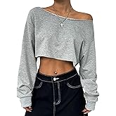 Remidoo Women's Off the Shoulder Cropped Sweatshirt Asymmetrical Neck Long Sleeve Crop Tops