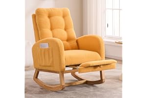 NIOIIKIT Nursery Rocking Chair, Linen Upholstered Glider Chair with Footrest, Tufted Rocker Recliner with Side Pocket, Comfy Recliner Glider, Accent Chair for Living Room (Yellow Teddy)