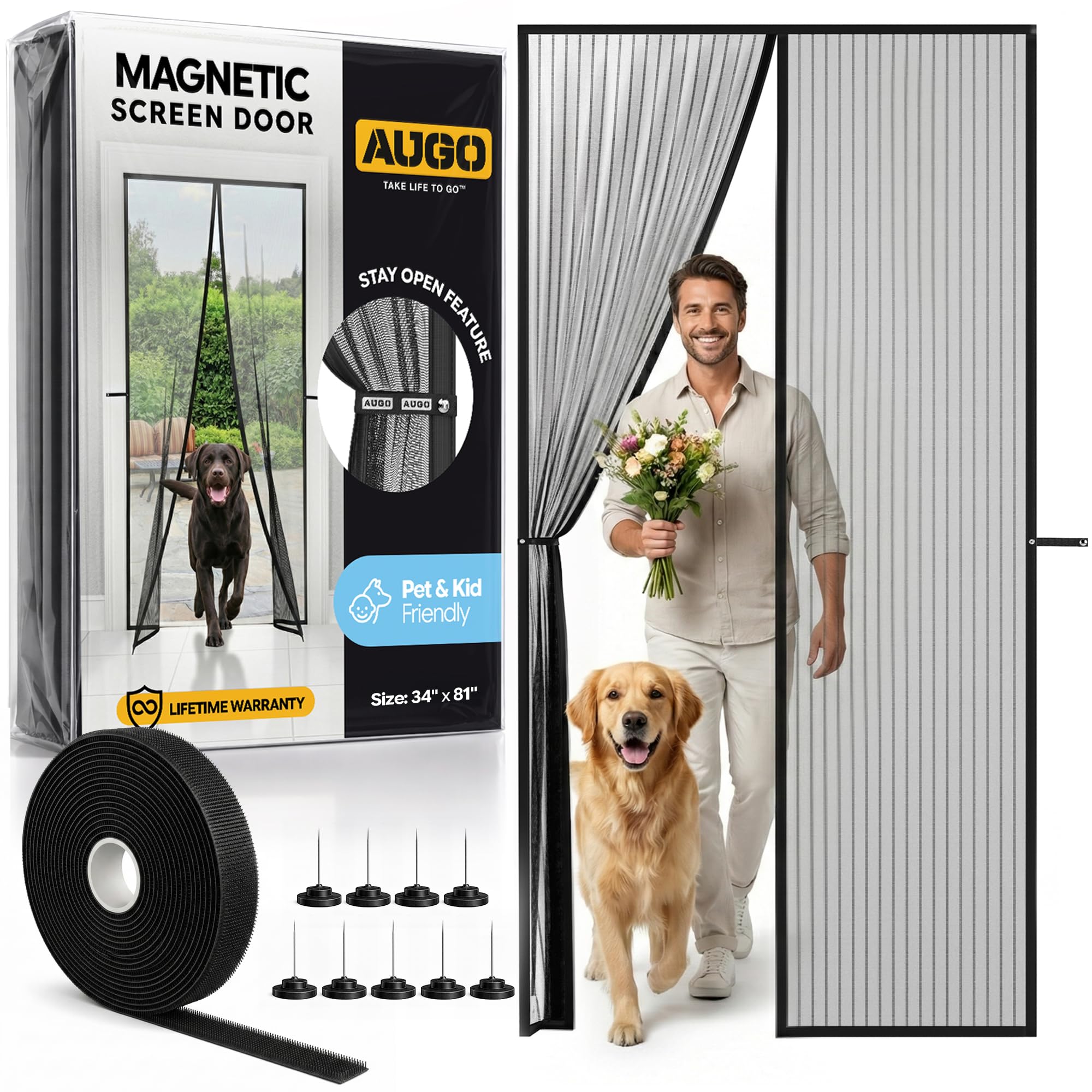 AUGO Magnetic Fly Screen Door - Self Sealing, Heavy Duty, Hands Free Mesh Net Partition Keeps Bugs Out - Pet and Kid Friendly - Patent Pending Keep Open Feature - 87x 207cm