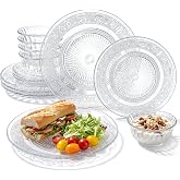 Havawish 18 Pcs Glass Dinnerware Set,Pattern | Clear Glass Plate and Bowl Sets, Durable, 8/10 Inch Plate, 8 oz Bowls, Vintage Embossed, Elegant for Dessert, Kitchen, Party