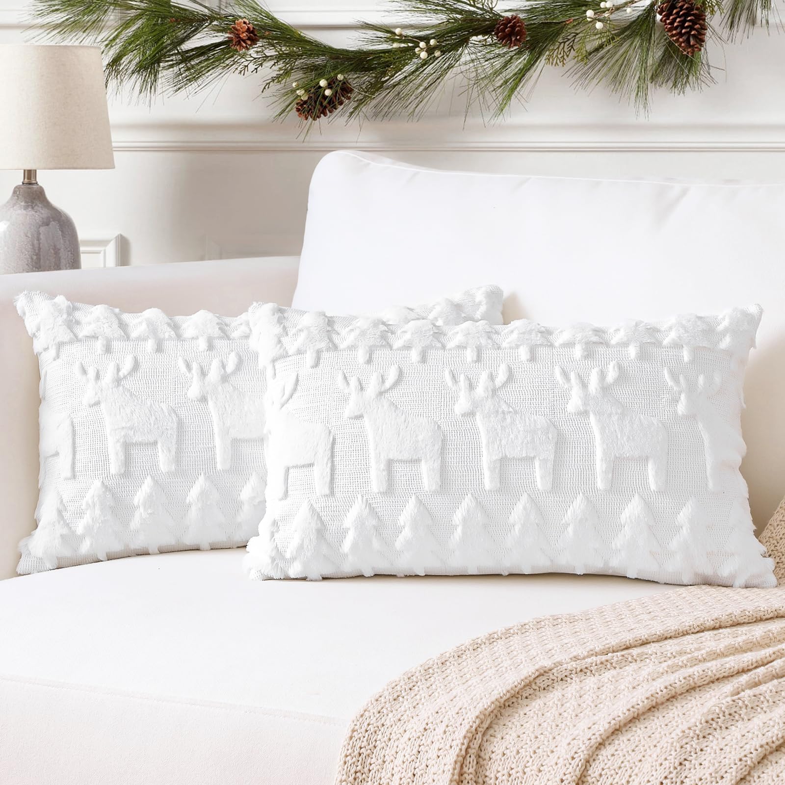 Artscope Set of 2 Xmas Soft Plush Short Wool Velvet Decorative Cushion Covers 30x50cm Luxury Style Throw Pillow Covers Pillow Shell for Sofa Bedroom Christmas Tree and Elk White