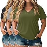 Neer 3 Pack Women's Plus Size T Shirts Short Sleeve V Neck Tops Solid Flat Hem Basic Loose Causal Tees