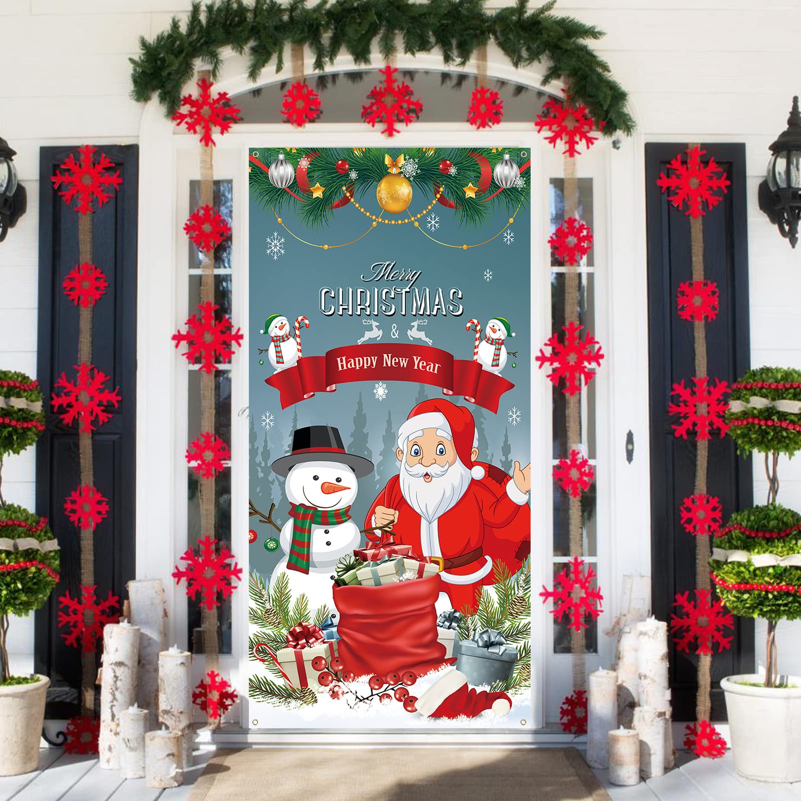 Merry Christmas Door Cover Decoration - Happy New Year Banner Backdrop for Photo Booth - Gray Santa Snowman Hanging Sign Background for Party Supplies