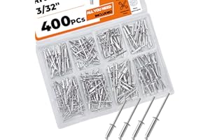 YAAYII 400 PCS 3/32" Blind Rivets, Aluminum Pop Rivet Kit, 4 Sizes Assortment – 1/8 5/32 3/16 1/4 Lengths, Dome Head, Open-End, Steel Mandrel