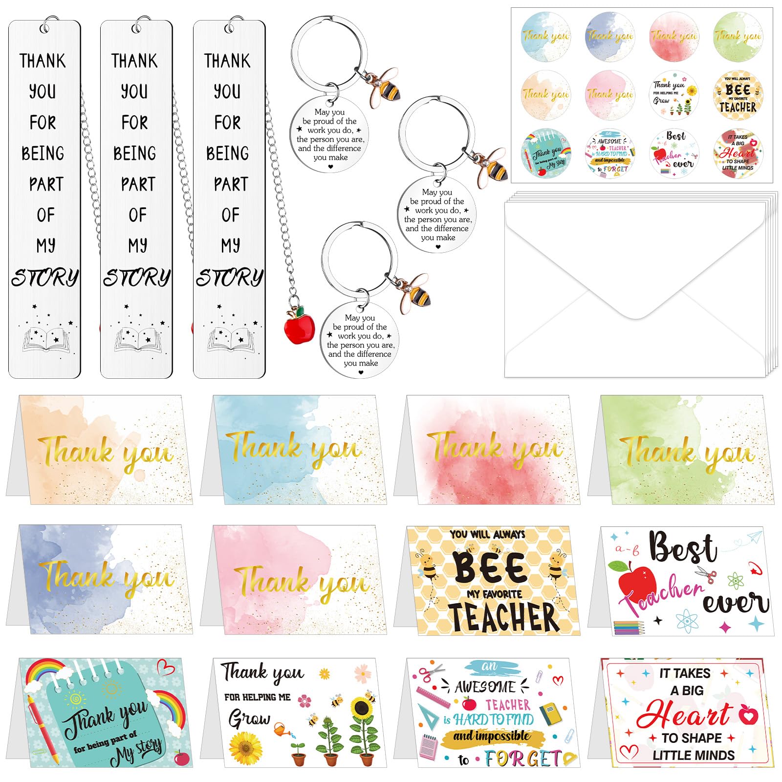 31 Pcs Teacher Appreciation Gifts Thank You Teacher Xmas Gifts Watercolor-Paper Thank You Cards with Envelopes Stainless Inspirational Keychain for Birthday Easter Valentine's Day
