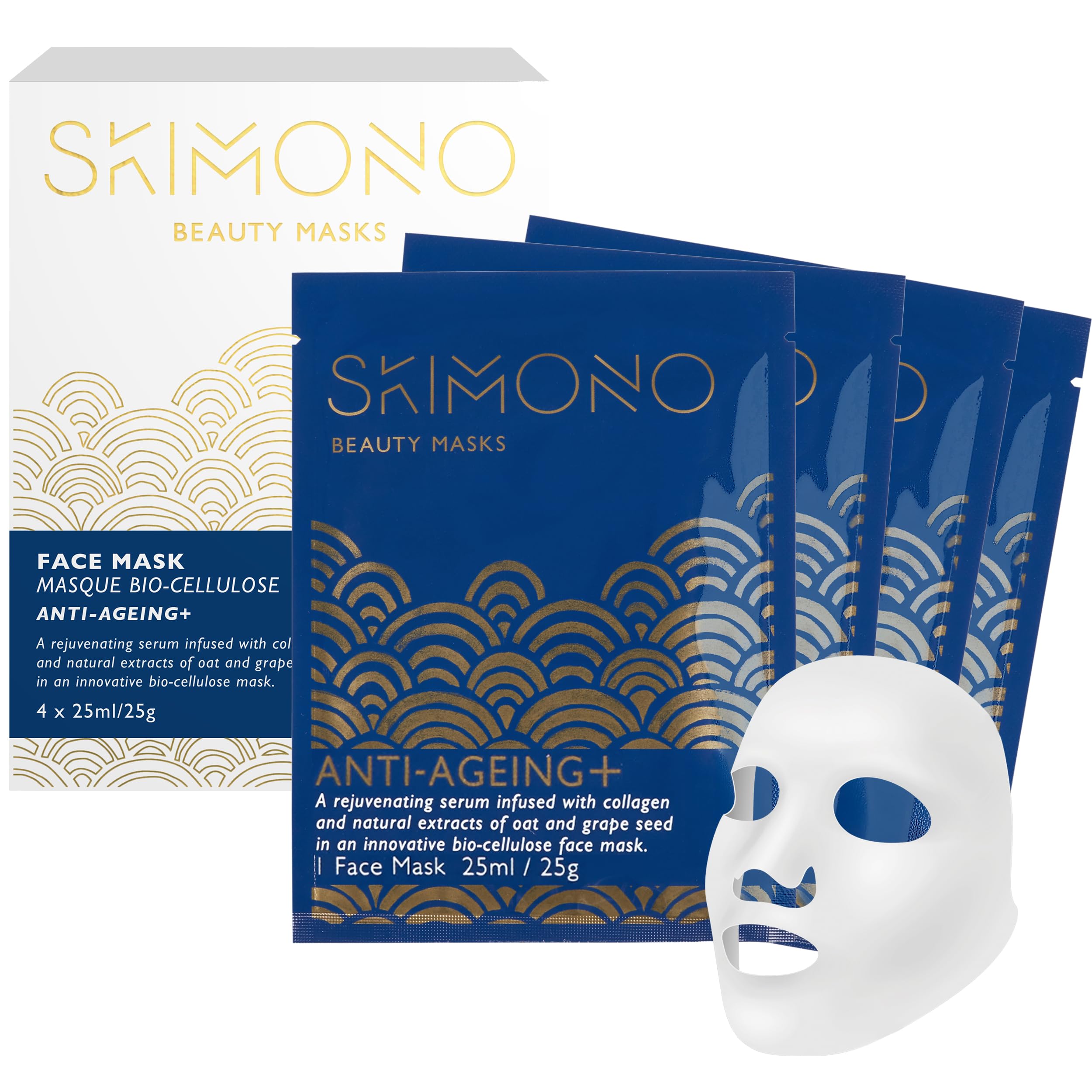 Skimono Anti-Ageing Collagen Face Mask (4 Pack) - Bio-Cellulose Sheet Masks with Collagen, Oat & Grapeseed, Hydrating & Firming Korean Face Mask for Fine Lines, Wrinkles & Radiant Skin