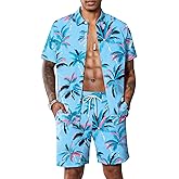 LecGee Mens Coconut Tree Hawaiian Sets Casual Short Sleeve Button Down Shirts Shorts 2 Piece Outfits Summer Tracksuit
