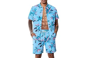 LecGee Mens Coconut Tree Hawaiian Sets Casual Short Sleeve Button Down Shirts Shorts 2 Piece Outfits Summer Tracksuit