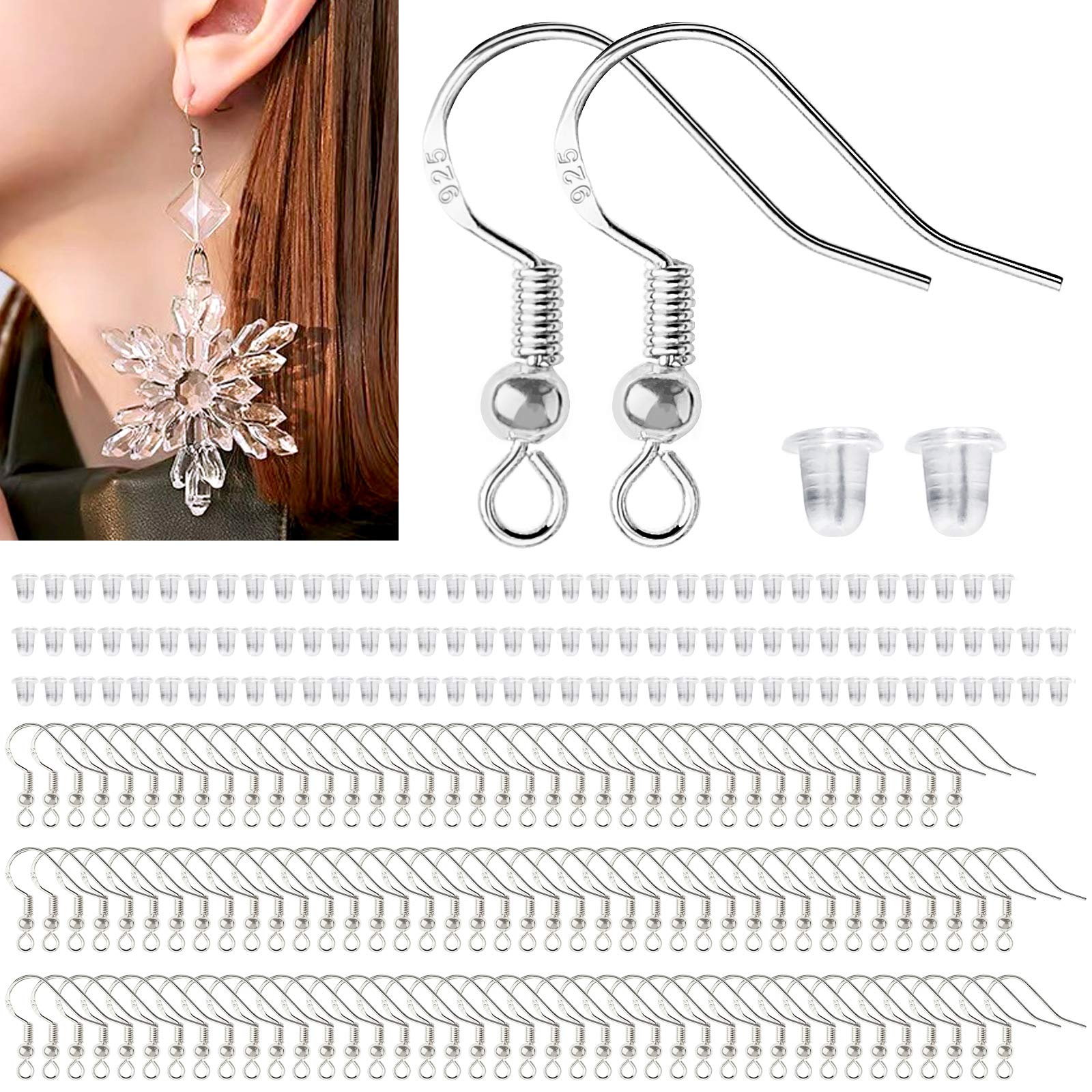 120Pcs 925 Sterling Silver Earring Hooks - Hypoallergenic Ear Wire with 120Pcs Backs - Jewelry Making Supplies for DIY Earrings