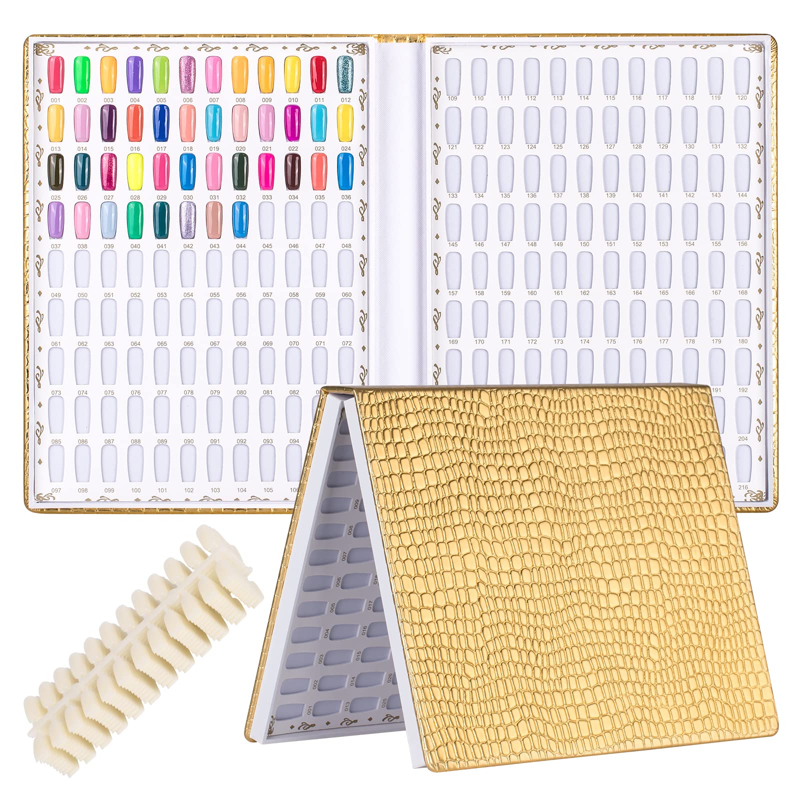 BNG Nail Art Display Book - 216 Colors, 240 Pcs False Nails Tips, Gold Leather