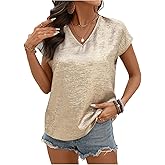 OYOANGLE Women's Metallic Short Sleeve Blouse V Neck Summer Dressy Tops