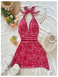 BEAUDRM Women's Floral Print Sleeveless Halter Deep