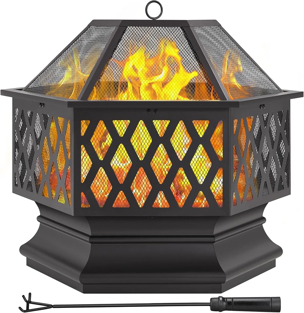 Yaheetech 66 cm Hex Fire Pit Wood Burning Outdoor Fire Bowl with Spark Screen