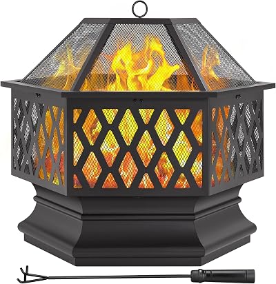 Yaheetech 66 cm Hex Fire Pit Wood Burning Outdoor Fire Bowl with Spark Screen