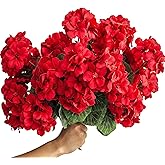 Mumiko 4 Bundles 15'' Artificial Geraniums Silk Flowers for Outdoors UV Resistant Home Decor Garden Look Real (4, Red)