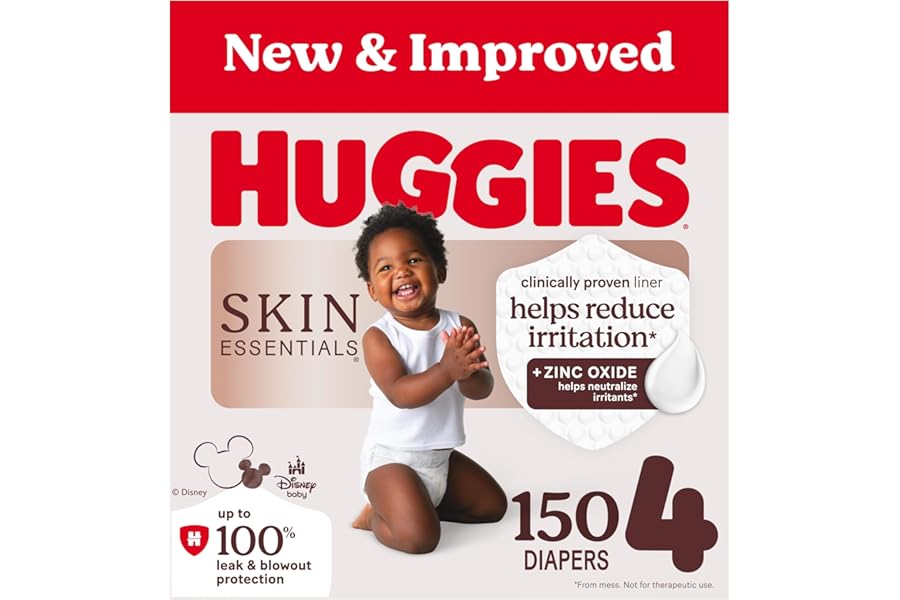 Huggies Size 4 Diapers, Skin Essentials Baby Diapers, Size 4 (22-37 lbs), 150 Count (6 Packs of 25), Packaging May Vary