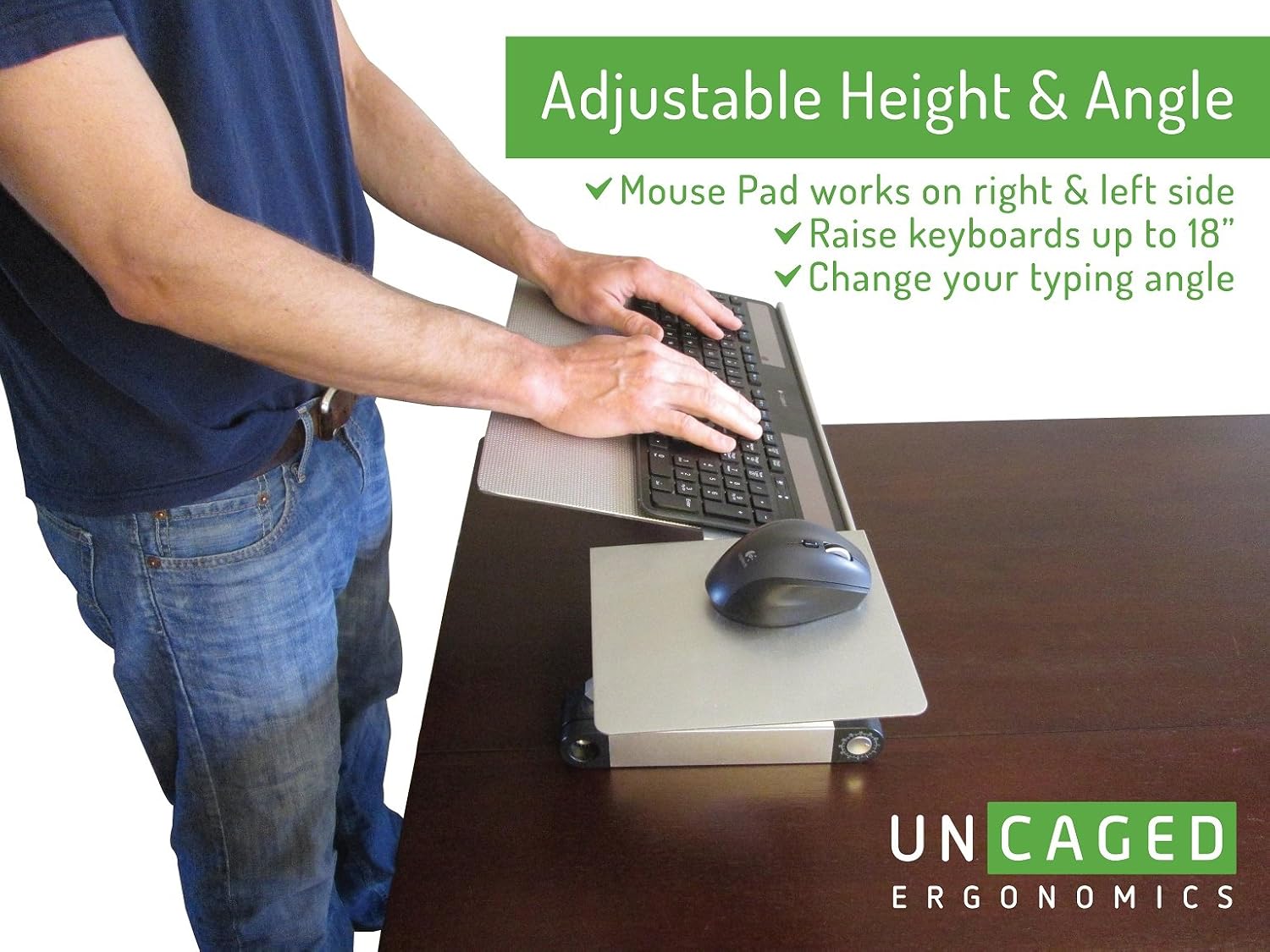 WorkEZ Keyboard and Mouse Tray ergonomic adjustable height angle negative tilt sit to stand up on-desk table-top desktop standing computer stand riser lift raise keyboards to standing height, silver : Office Products