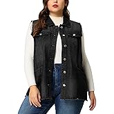 Agnes Orinda Denim Jackets for Women 2025 Plus Size Button Front Lapel Frayed Washed Sleeveless Long Jean Vest