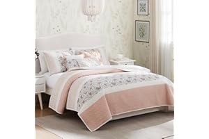 Madison Park 100% Cotton Quilt Set Floral Print, Double Sided Stitching, All Season, Lightweight Coverlet Shabby Chic Bedding Layer, Matching Shams, Full/Queen, Blush 6 Piece