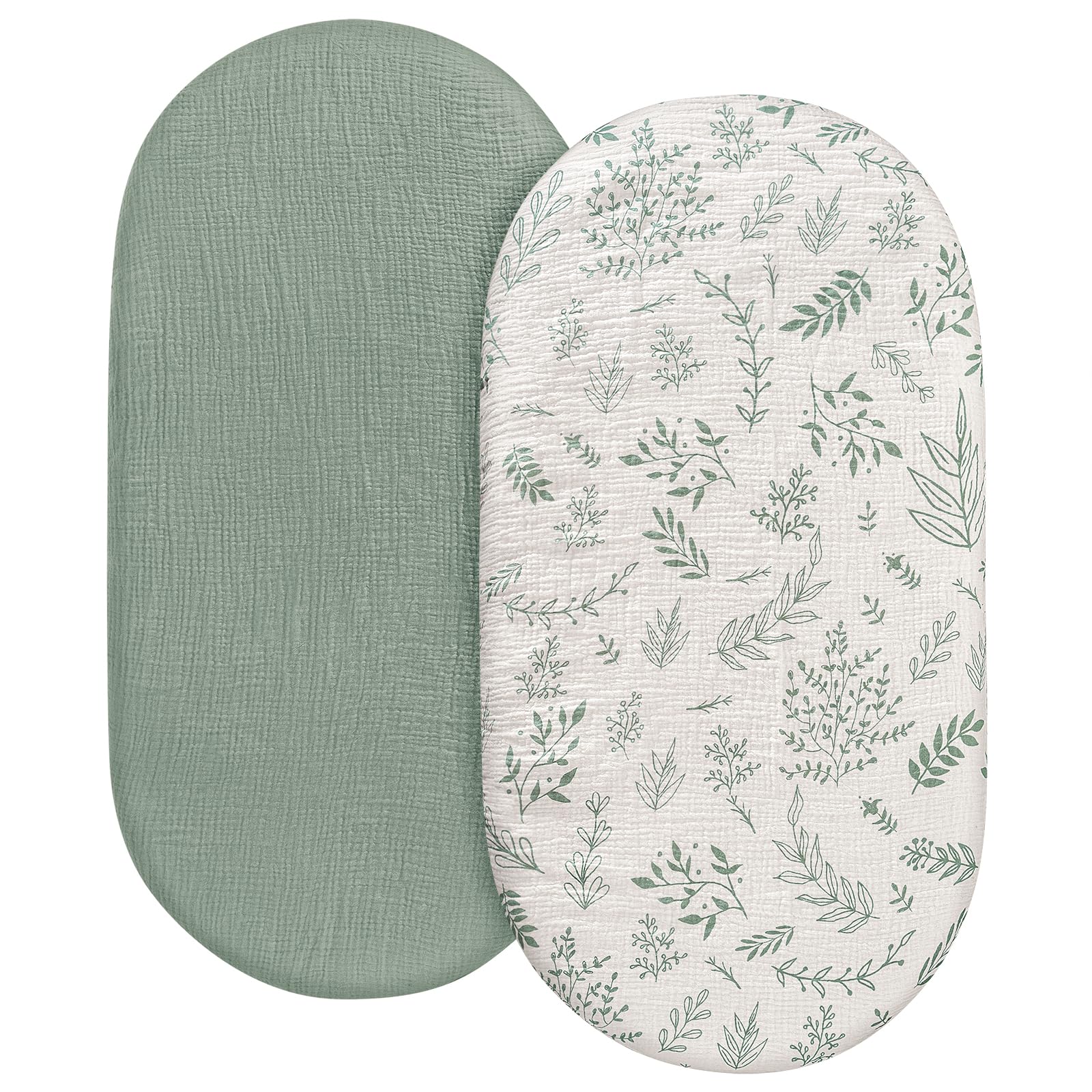 Fitted Sheets Pram Pack of 2, Pram Mattress Cover for Newborns, 100% Muslin Cotton, Moses Basket, Bassinet, Fitted Sheet Cover, Green, 83 x 43 cm