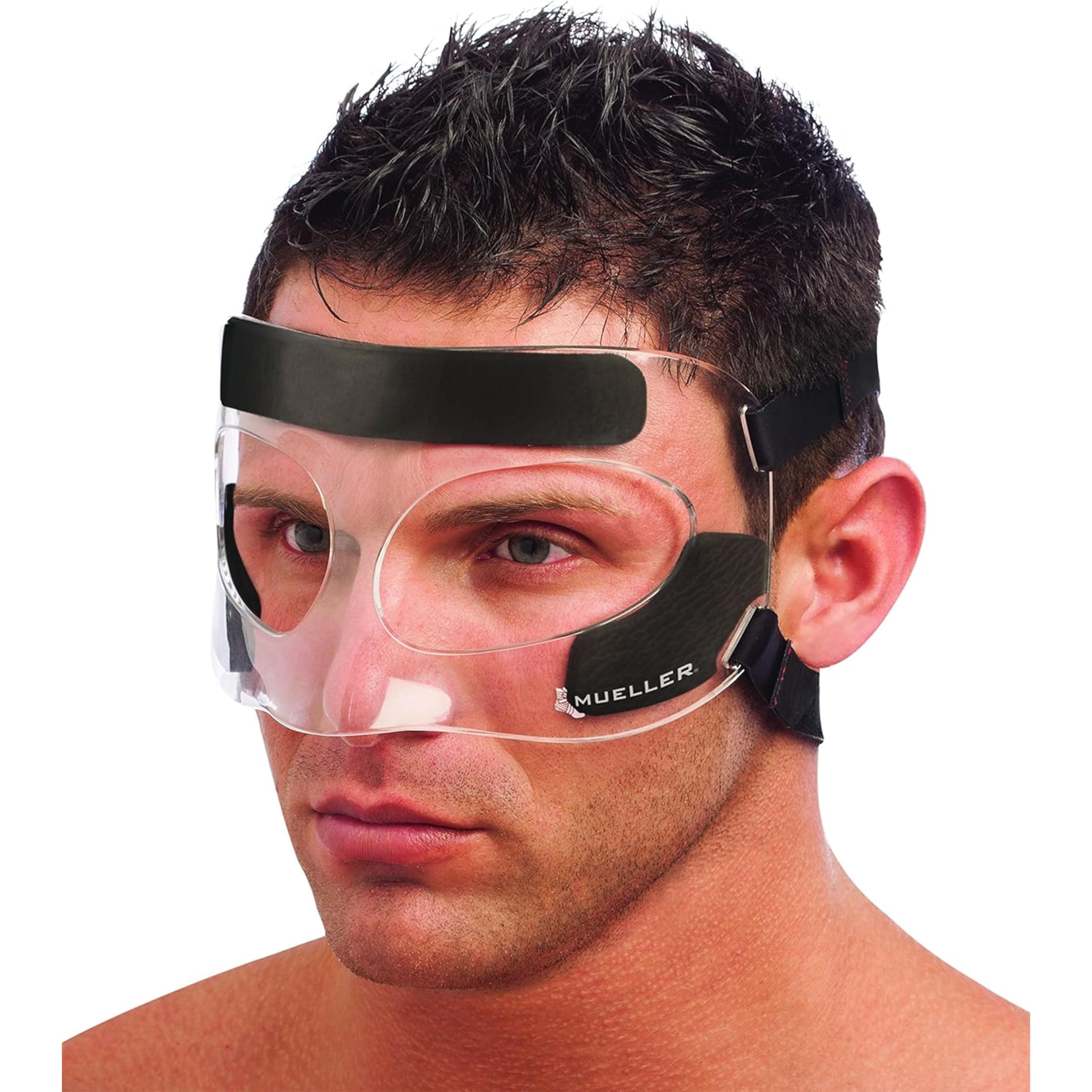 Photo 1 of MUELLER Sports Medicine Face Mask for Men & Women, Adjustable Clear Face Guard, Nose & Cheek Protection for Basketball & Cosmetic Procedures, Shatterproof with Foam Padding, One Size