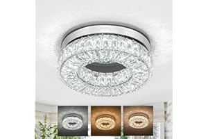 HOMLAITING 11.8” Modern Crystal Chandeliers Flush Mount Ceiling Light Fixture LED Chandeliers with Crystals Hallway Light Bedroom Chandelier for Kitchen Closet Living Room(3 Color Changeable)