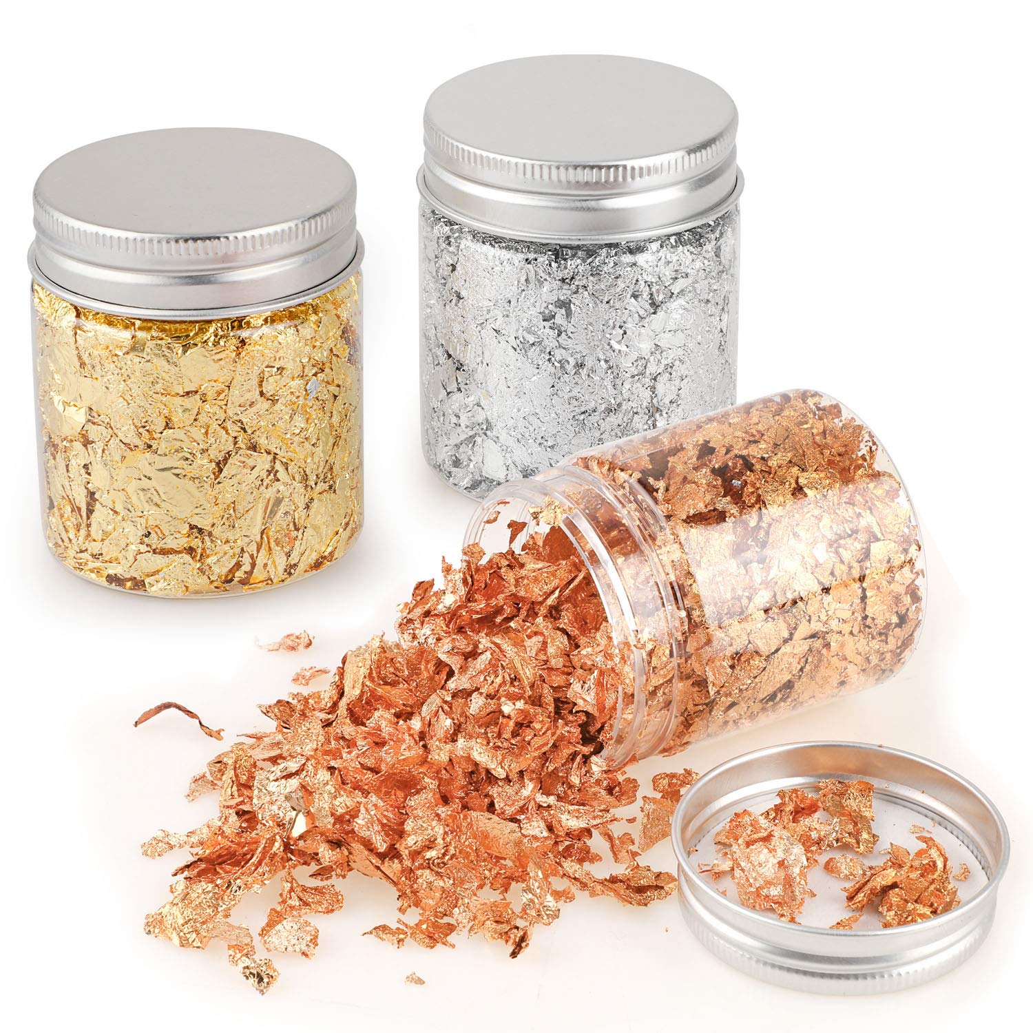 3Bottles Gold Leaf Flakes, Gilding Imitation Pure Metallic Foil Flakes Foil Paper with 2 Tweezers for Nail Arts, Paintings, DIY Crafts, Resin Arts, Makeup Decoration(3g/Bottle,Gold,Silver,Rose Gold)