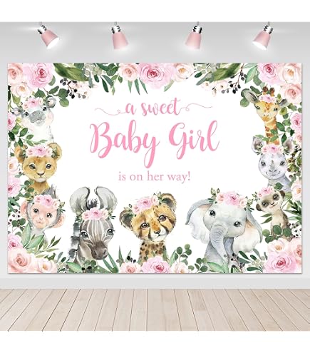 Niedlicher Babyparty Hintergrund – Aquarell Giraffe Mit Rosa Blumen, Fotohintergrund Für Mädchen-Partys
