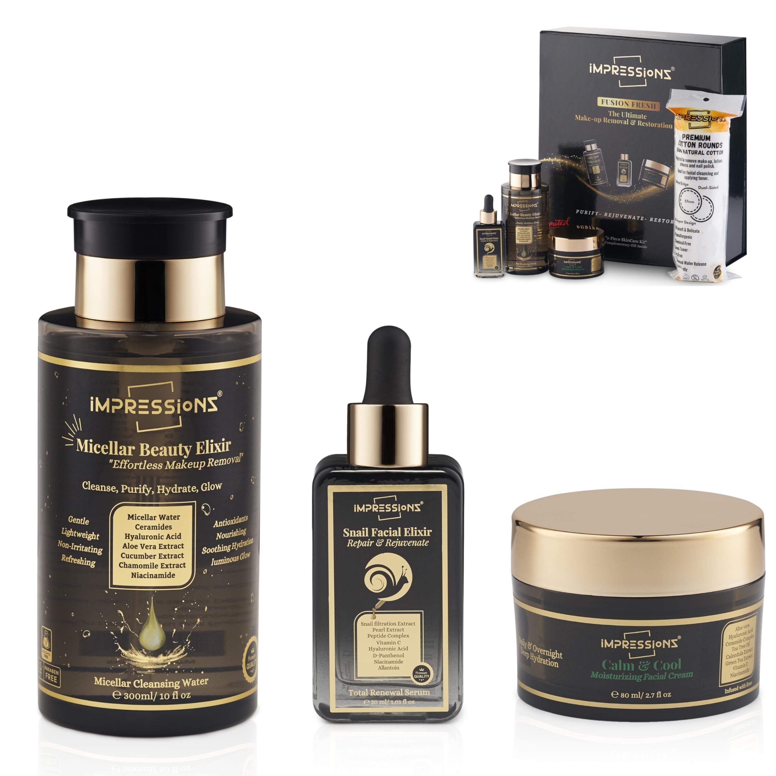ImpressionZ 3-Step Skincare Set: Micellar Water, Snail Mucin Serum, Hydrating Moisturizer - Restores Skin After Makeup, Night Routine for Radiant, Age-Defying Skin, Suitable for All Skin Types