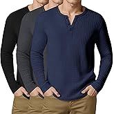 Arssm 3 Pack Mens Waffle Henley Shirts Long Sleeve Cotton Casual T-Shirts Lightweight Thermal Undershirts