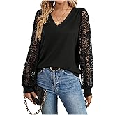BEAUDRM Women's Elegant Lace Patchwork Long Sleeve Shirts Dressy Casual V Neck Fall Shirts Blouse
