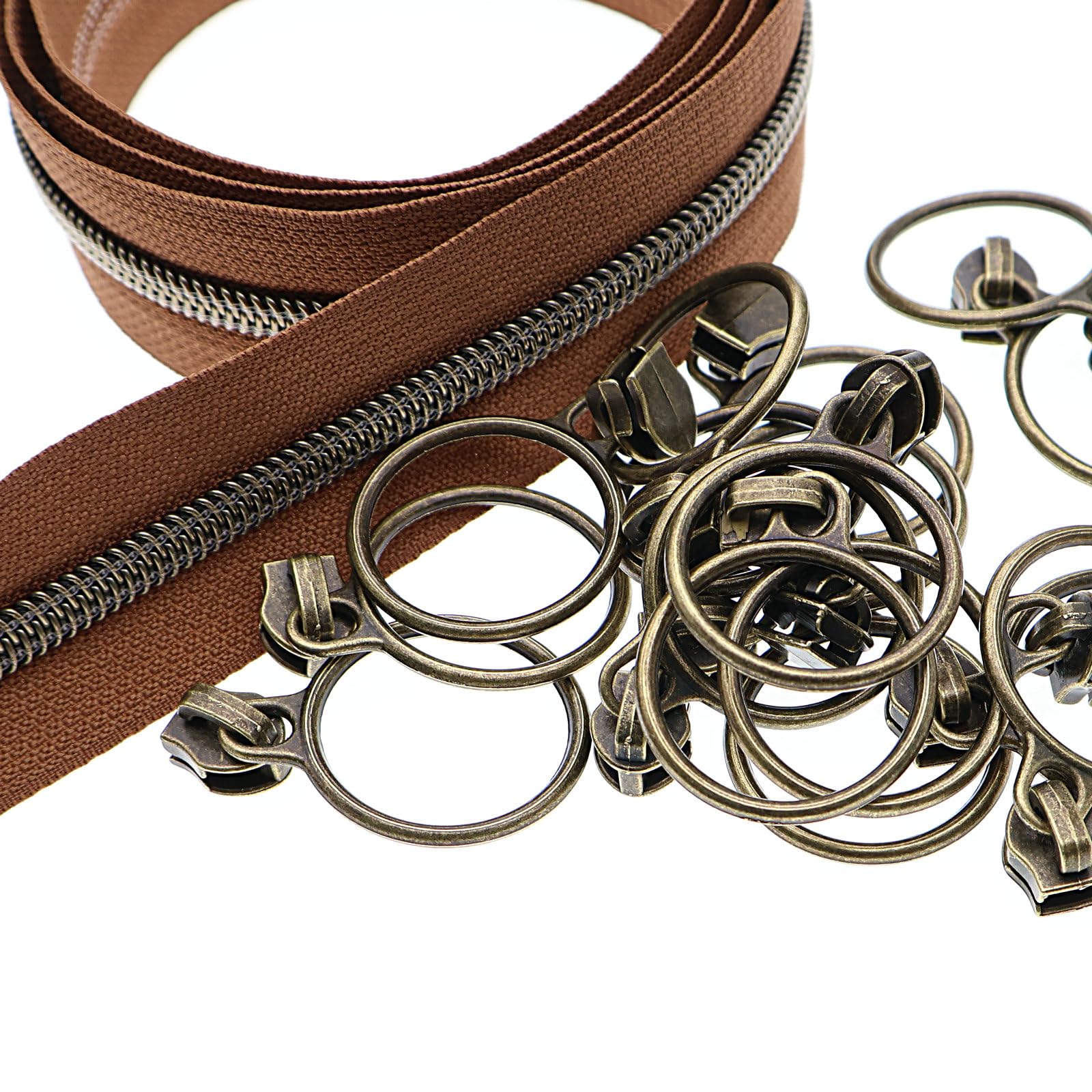 Leekayer #5 Antique Brass Metallic Nylon Coil Zippers by The Yard Bulk 10 Yards (Brown Tape with 25pcs Brass Sliders for DIY Sewing Tailor Craft Bag(Brown)