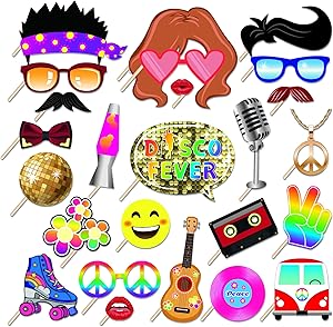 Kristin Paradise 25Pcs Disco Photo Booth Props with Stick, 70's 80's 90's Retro Theme Selfie Props, 60's Birthday Party Supplies, Hippie Photography Backdrop Decorations