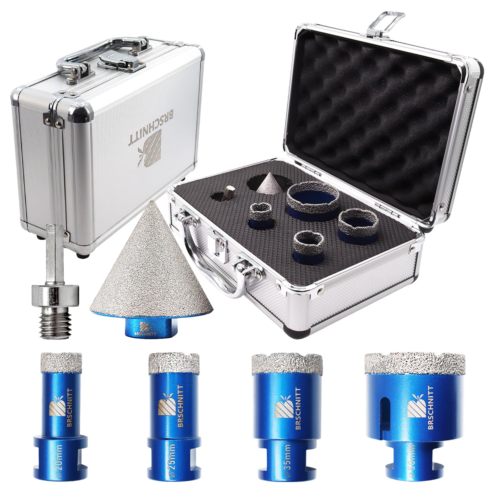 Diamond Core Drill Bit Set for Porcelain Tile Ceramic Marble Granite Drilling,BRSCHNITT 20/25/35/50mm Vacuum Brazed Diamond Hole Saw with M14 Thread&50mm diamond chamfer bit&adapter — image 1