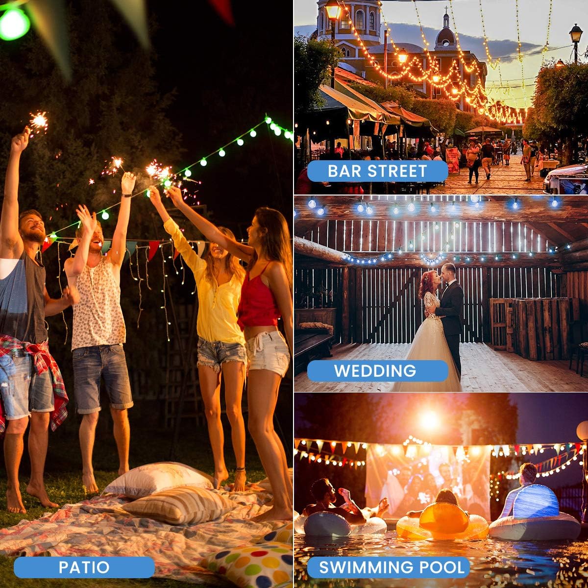 Elfeland LED Outdoor String Lights 48FT RGB Color Changing String Lights Dimmable Hanging Lights Patio Lights Backyard Lights Party Lights with 15Pcs Shatterproof LED Bulb & 2 Remote Controls: Home Improvement