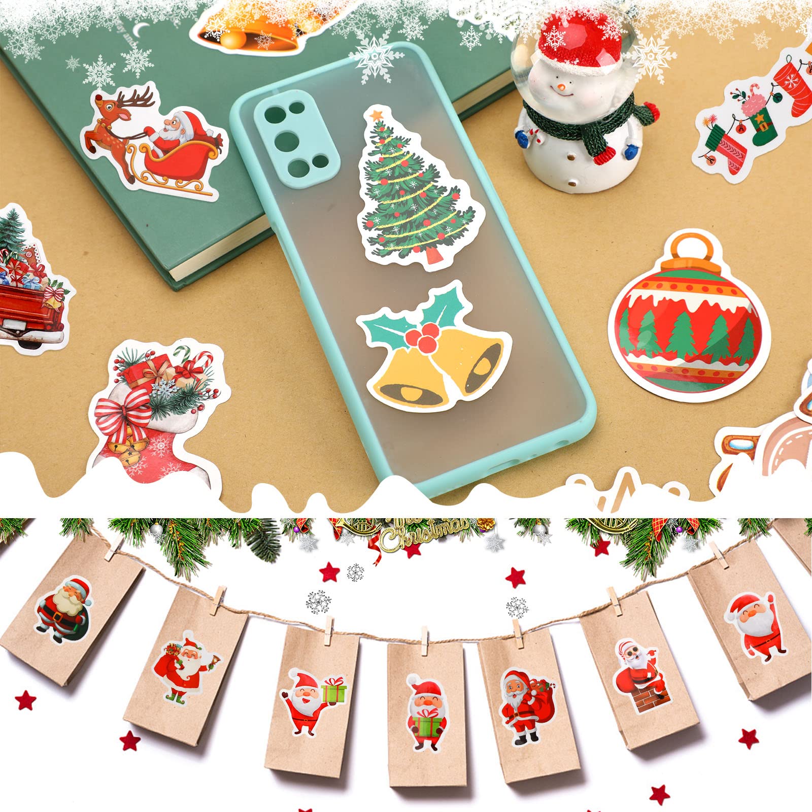 JULBEAR 200PCS Christmas Stickers, Non-Repeating Vinyl Holiday Party Stickers for Water Bottles, Cards, Scrapbooking Crafts Christmas Decorations Party Favors, Christmas Gifts for Kids Teens Adults