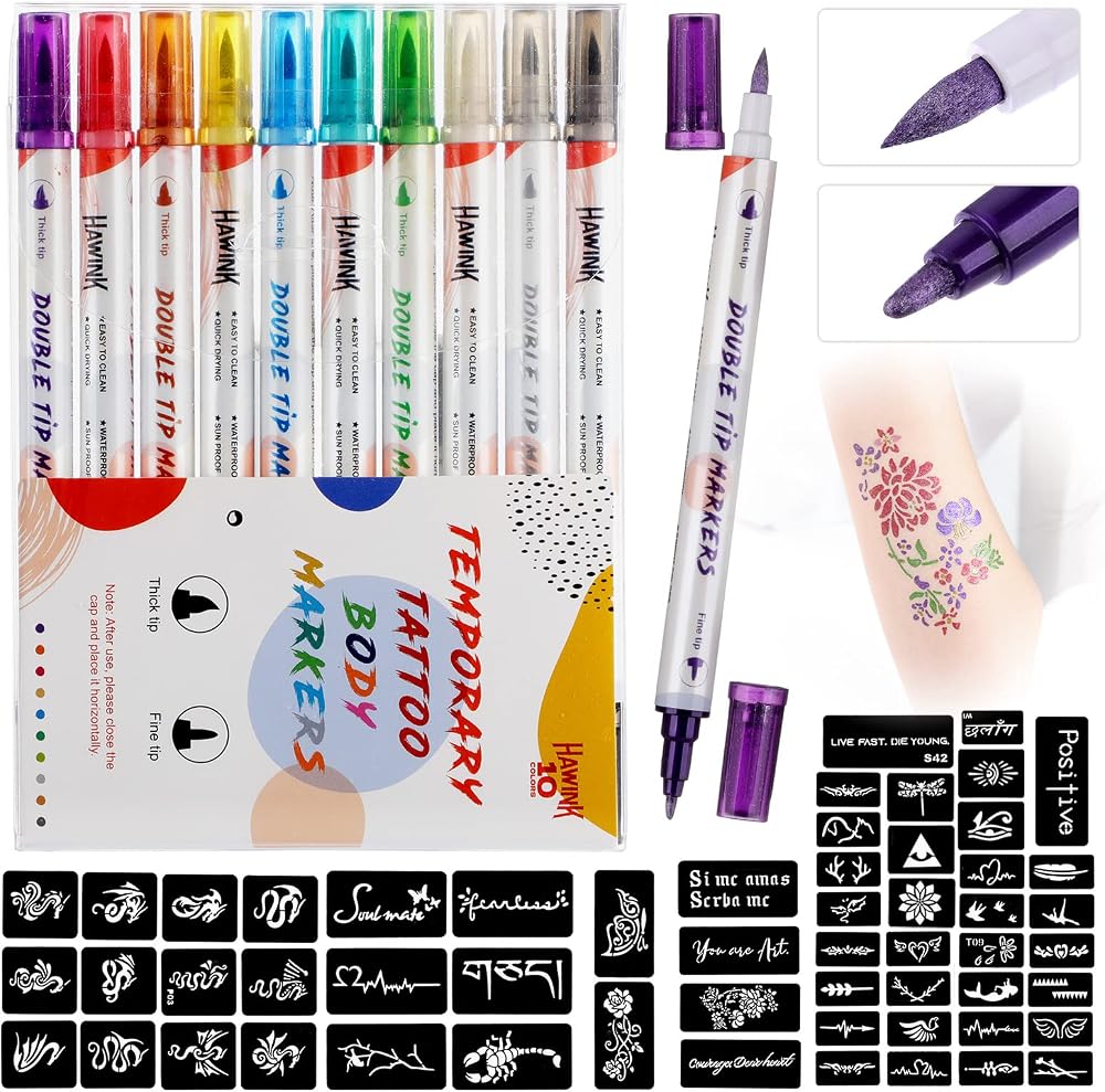 HAWINK Temporary Tattoo Markers for Skin - 10 Dual-End Pens & 56 Stencils