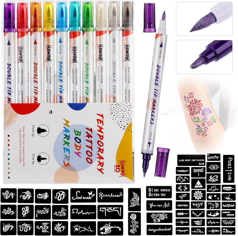 HAWINK Temporary Tattoo Markers for Skin - 10 Dual-End Pens & 56 Stencils