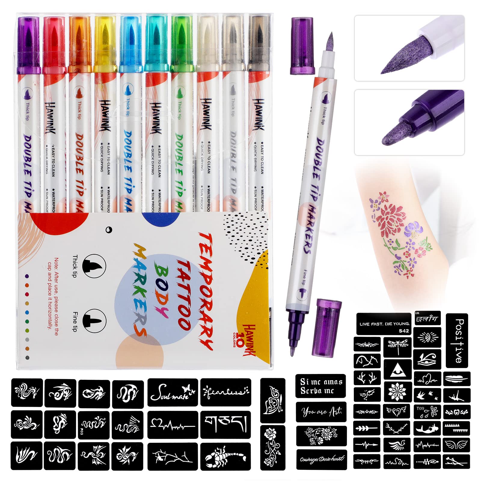 HAWINK Temporary Tattoo Markers for Skin, 10 Body Dual-End Markers and 56 Tattoo Stencils for Adults Christmas Party, Tattoo Pens Make Bold and Fine Lines ZYH2208001KIT