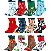 Glitopper 12 Pairs Christmas Socks Novelty Santa Snowman Reindeer Snowflakes Xmas Crew Sock Gifts for Women Men