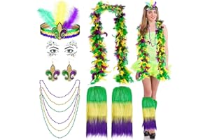 CAMDUCK 10 Pcs Mardi Gras Accessories for Women, Mardi Gras Outfit Include Mardi Gras Leg Warmer Covers Feather Boa Feather Headband Bead Necklace Earrings Face Gems