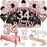 34th Birthday Decorations for Women, 49pcs Black Rose Gold Black Happy 34th Birthday Banner, Tablecloth, Butterfly Decor, Sash and Tiara, Cake Topper, Candles, Balloons Arch
